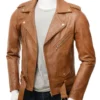 Mens Tan Brown Asymmetrical Zipper Leather Jacket