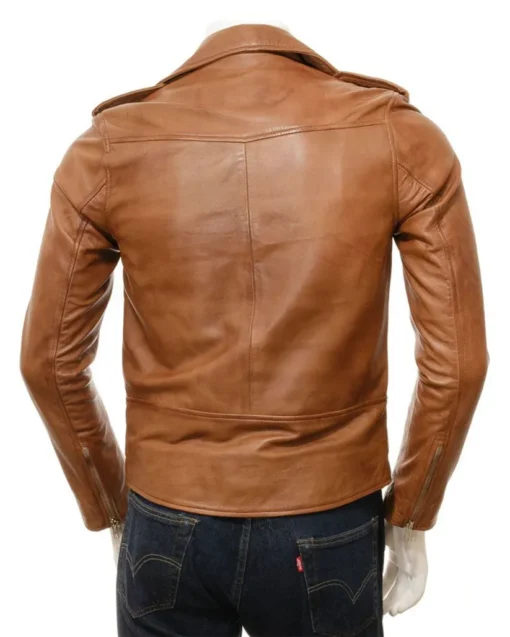 Mens Tan Brown Asymmetrical Zipper Leather Jacket Back