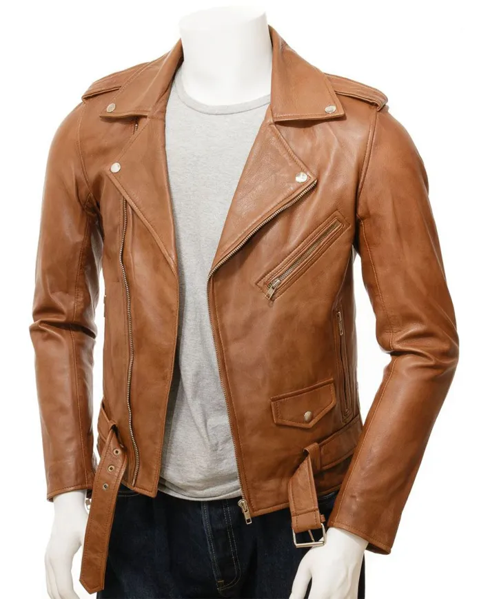Mens Tan Brown Asymmetrical Zipper Leather Jacket