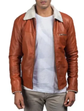 Mens-Tan-Brown-White-Fur-Collar-Leather-Jacket