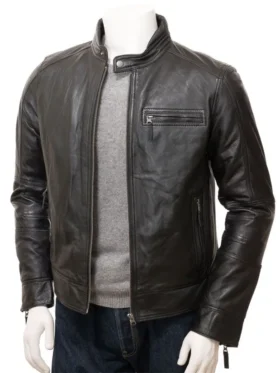 Mens Three Pockets Plain Cafe Racer Biker Leather Jacket