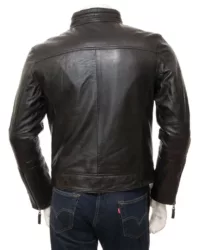 Mens Three Pockets Plain Cafe Racer Biker Leather Jacket Back