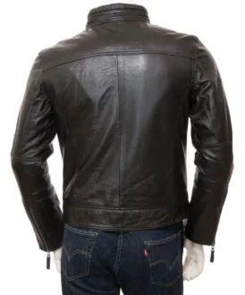 Mens Three Pockets Plain Cafe Racer Biker Leather Jacket Back