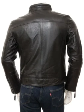 Mens Three Pockets Plain Cafe Racer Biker Leather Jacket Back