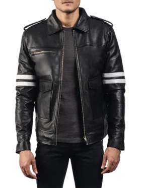 Mens Three Pockets White Stripes Black Leather Jacket
