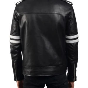 Mens-Three-Pockets-White-Stripes-Black-Leather-Jacket-Back