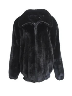 Mens Turn Down Collar Jet Black Mink Fur Bomber Jacket