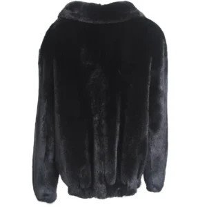 Mens Turn Down Collar Jet Black Mink Fur Bomber Jacket Back