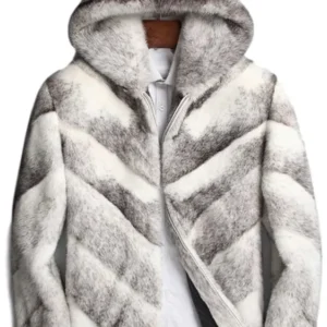 Mens White Grey Cross Mink Fur Coat With Hood