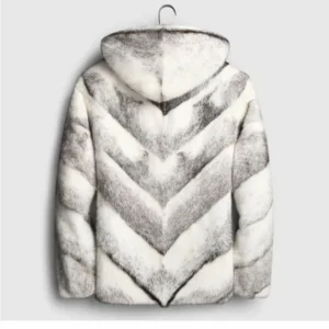 Mens White Grey Cross Mink Fur Coat With Hood Back
