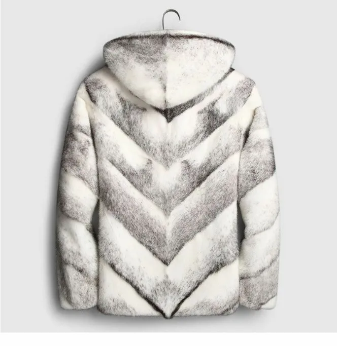 Mens White Grey Cross Mink Fur Coat With Hood Back