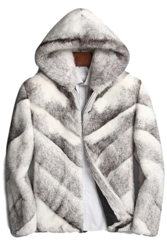 Mens White Grey Cross Mink Fur Coat With Hood