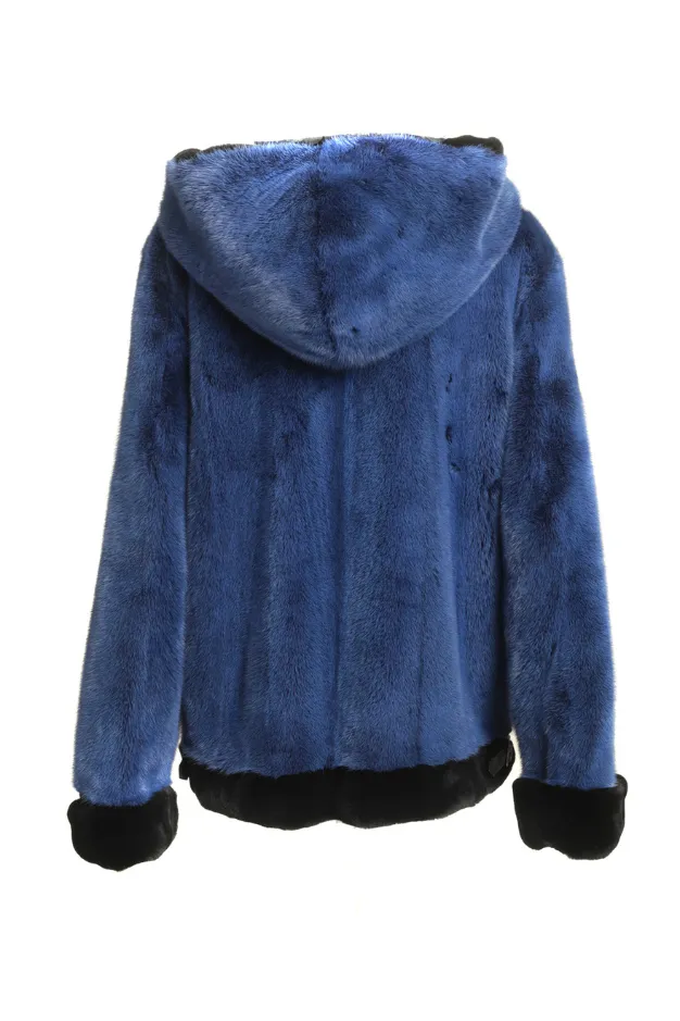 Mens Womens Mink Fur Blue Hooded Jacket