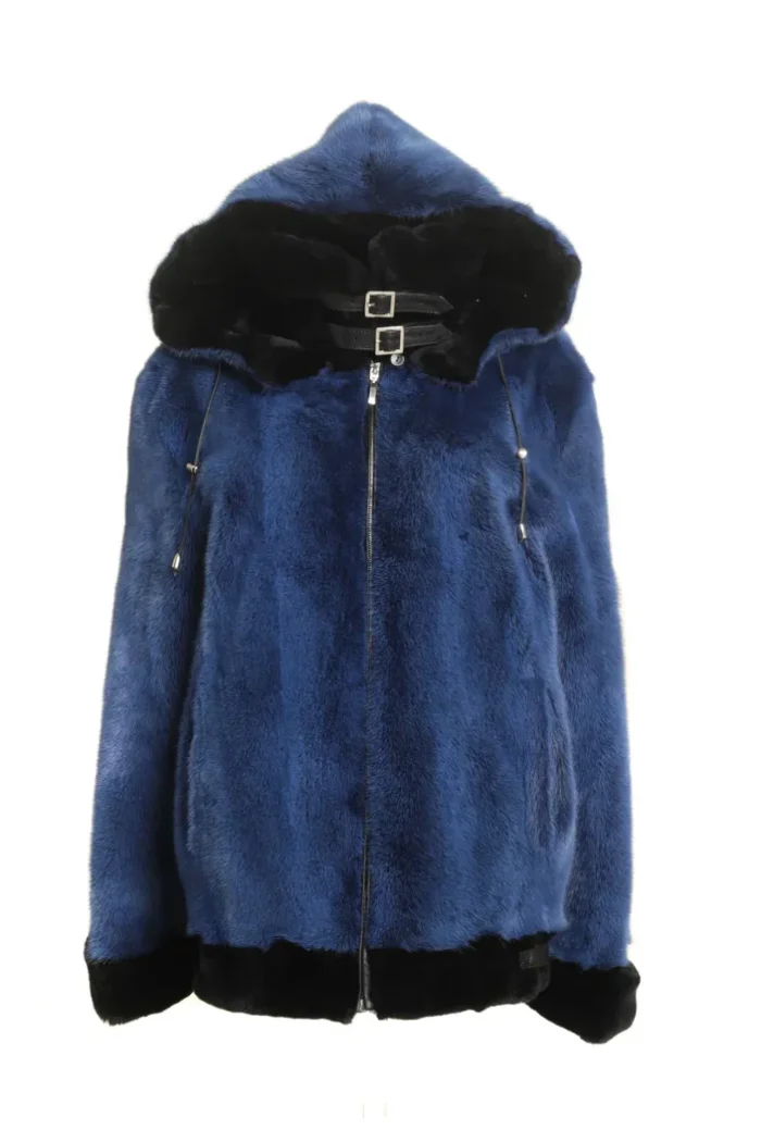 Mens Womens Mink Fur Blue Jacket With Hood