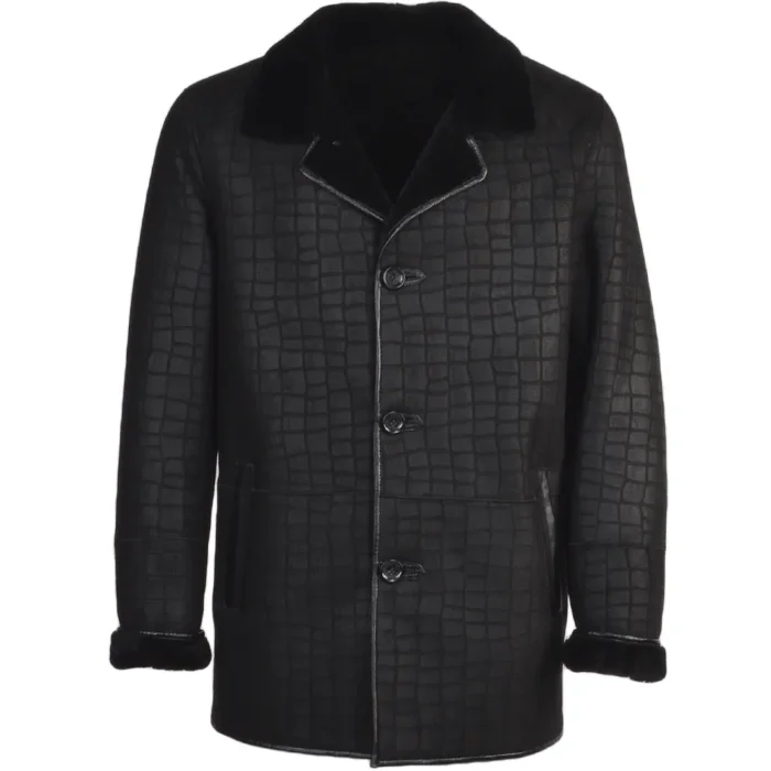Crocodile Pattern All Black Fur Leather Jacket