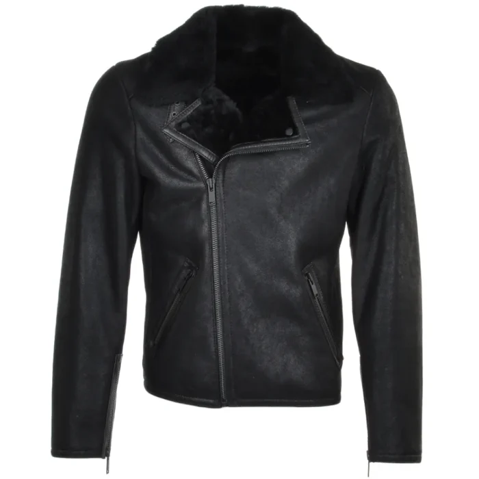 Mens All Black Asymmetrical Zipper Leather Jacket