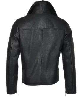 Mens All Black Asymmetrical Zipper Leather Jacket Back