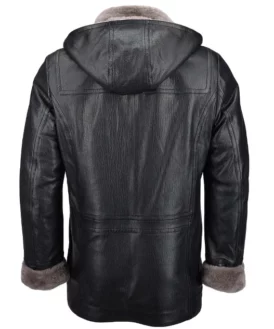 Mens All Black Fur Lined Leather Hooded Jacket Back