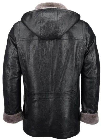 Mens All Black Fur Lined Leather Hooded Jacket Back