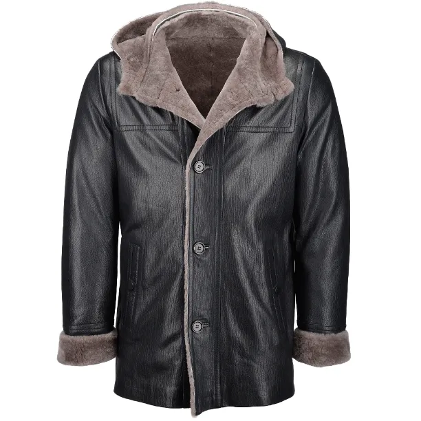 Mens All Black Fur Lined Leather Hooded Jacket