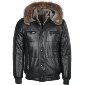 Mens-All-Black-Parka-Fur-Hooded-Leather-Jacket