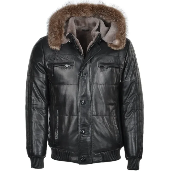 Mens All Black Parka Fur Hooded Leather Jacket
