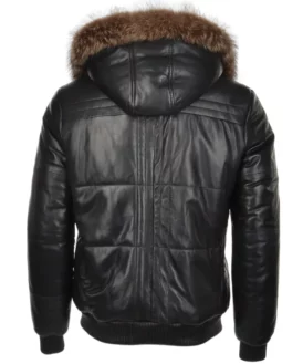Mens All Black Parka Fur Hooded Leather Jacket Back