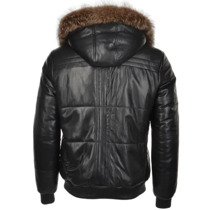 Mens All Black Parka Fur Hooded Leather Jacket Back