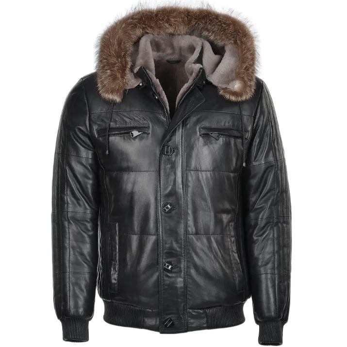 Mens All Black Parka Fur Hooded Leather Jacket