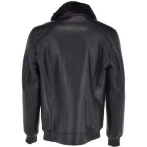 Mens All Plain Black Fur Collar Leather Bomber Jacket Back