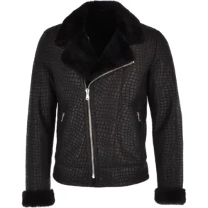 Mens Asymmetrical Zipper All Black Leather Jacket