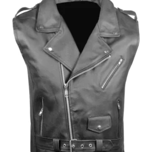 Mens Asymmetrical Zipper Black Leather Vest