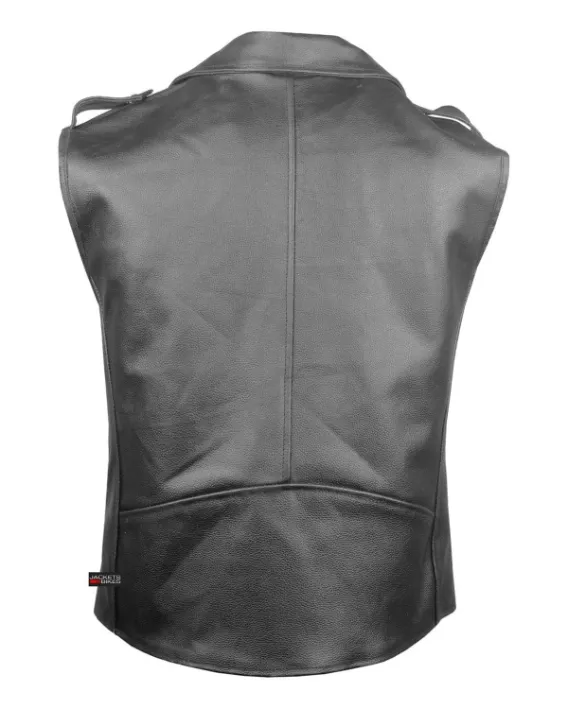 Men's Asymmetrical Zipper Black Leather Vest Back