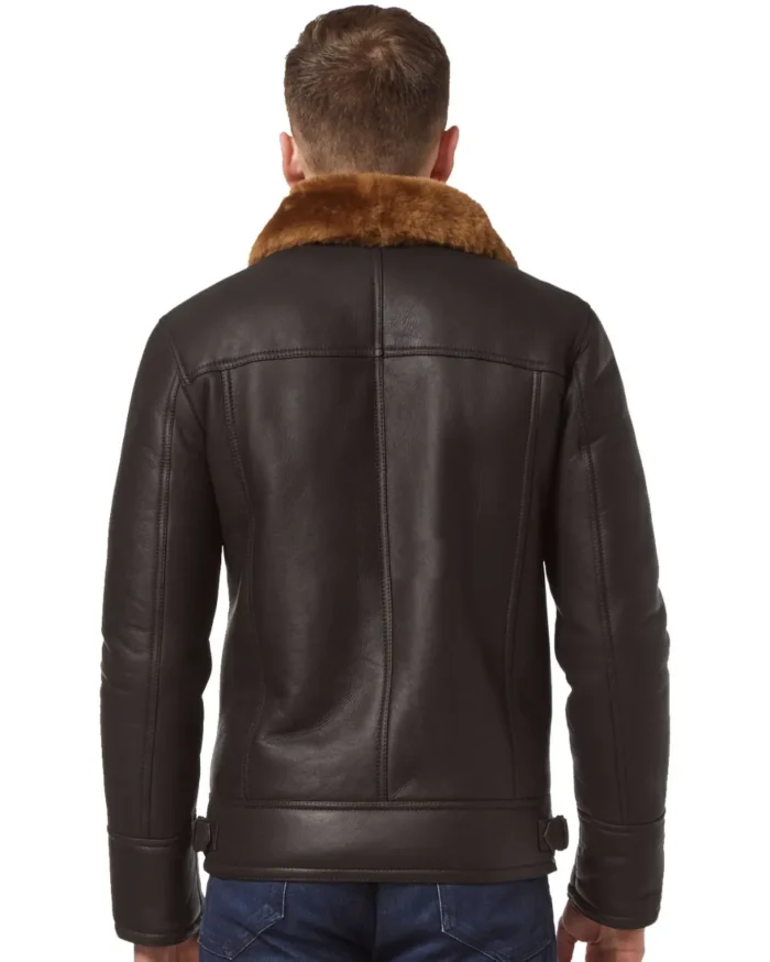 Mens Asymmetrical Zipper Fur Collar Leather Jacket Back