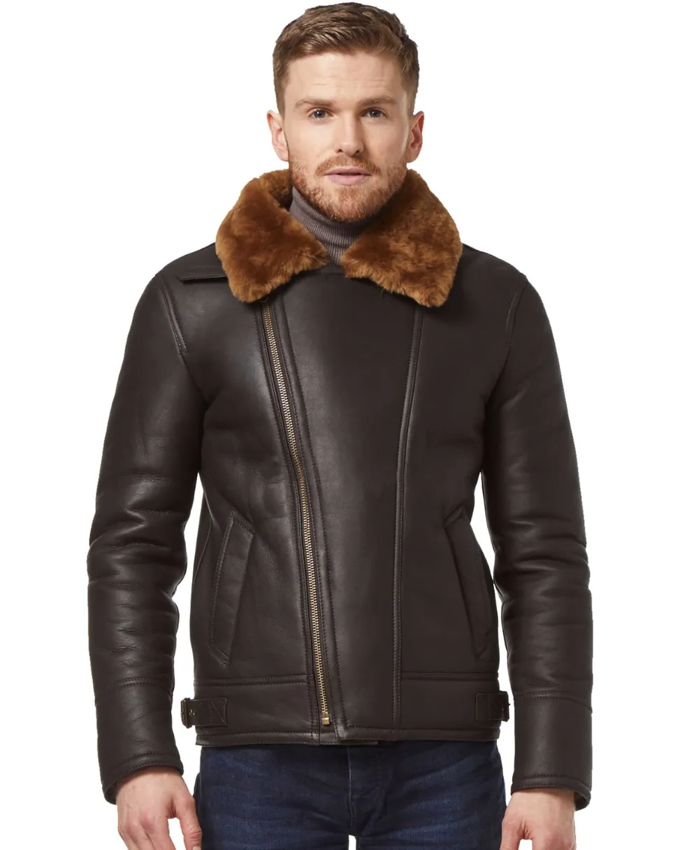 Mens Asymmetrical Zipper Fur Collar Leather Jacket