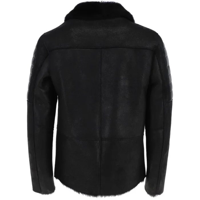 Mens Asymmetrical Zipper Shearling Fur Black Jacket Back
