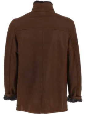Mens Belted Erect Collar Fur Brown Suede Jacket Back