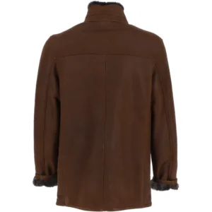 Mens Belted Erect Collar Fur Brown Suede Jacket Back