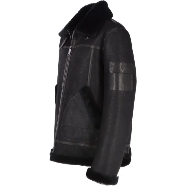 Mens Black Shearling Pilot Leather B3 Bomber Jacket Left