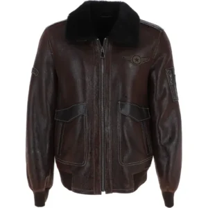 Mens Black Sherpa Collar Dark Brown Leather Bomber Jacket
