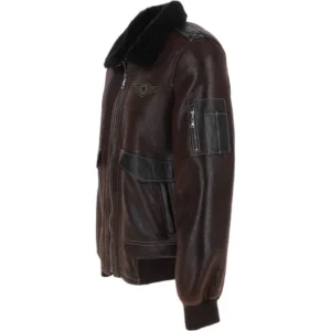 Mens-Black-Sherpa-Collar-Dark-Brown-Leather-Bomber-Jacket-Left
