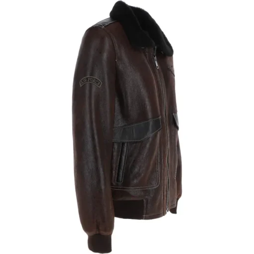 Mens Black Sherpa Collar Dark Brown Leather Bomber Jacket Right