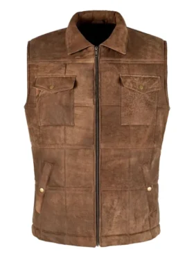 Mens Brown Four Pockets Shirt Style Leather Vest