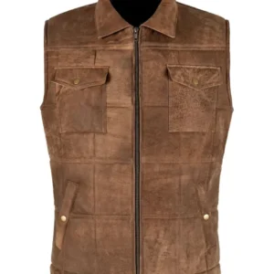 Mens Brown Four Pockets Shirt Style Leather Vest