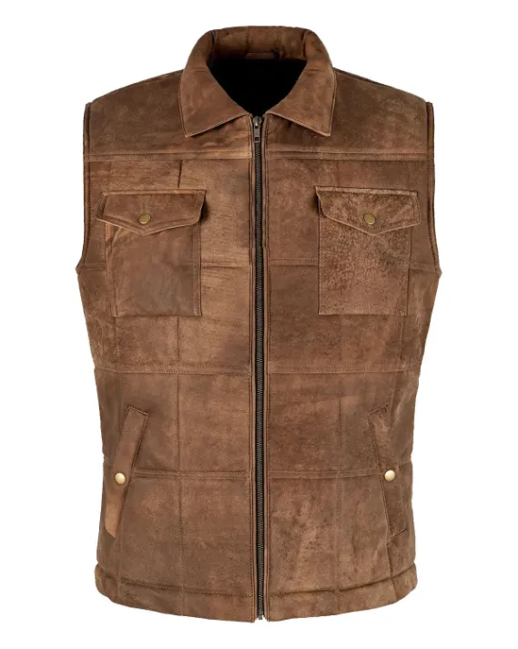 Mens Brown Four Pockets Shirt Style Leather Vest