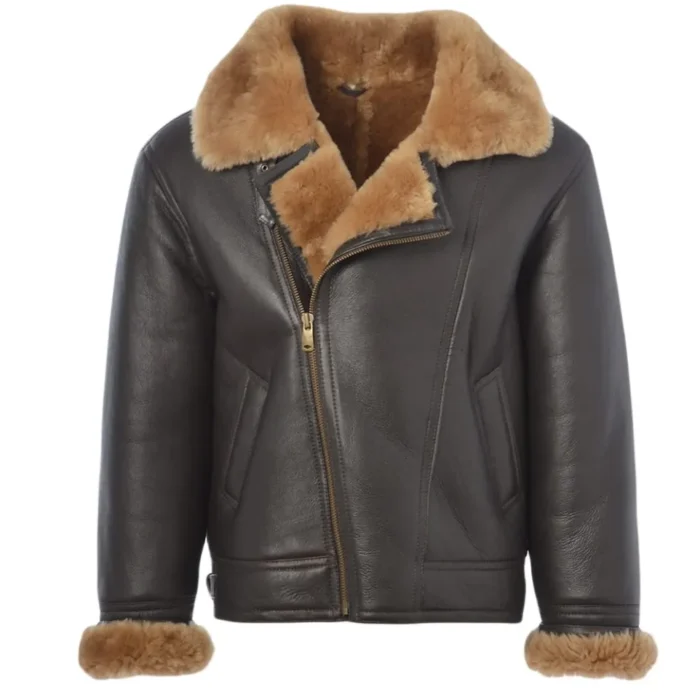 Mens Brown Shearling Asymmetrical Leather Jacket