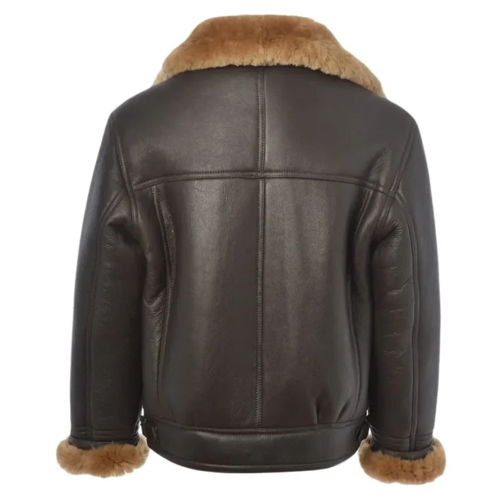 Mens Brown Shearling Asymmetrical Leather Jacket Back