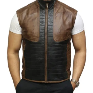 Mens-Brown-and-Black-Padded-Erect-Collar-Leather-Vest