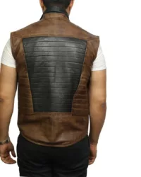 Mens Brown and Black Padded Erect Collar Leather Vest Back