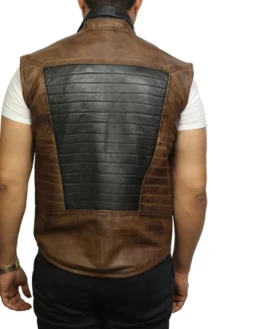 Mens Brown and Black Padded Erect Collar Leather Vest Back